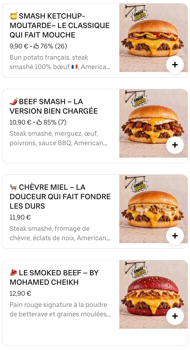 Fiche Uber Eats de Smash Burger à Besançon, carte refaite par ExpertPlace, en ligne en octobre 2026